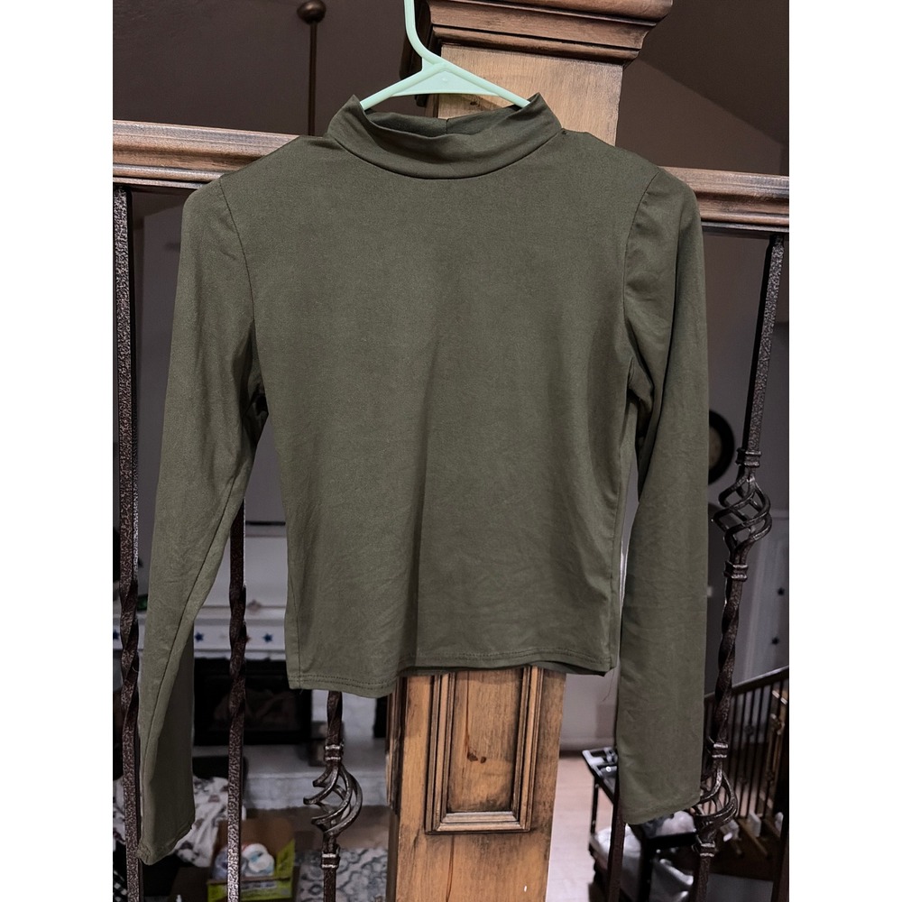 Brit & Bri Womens‎ Olive Green Mock Neck Long Sleeve Cropped Top Small